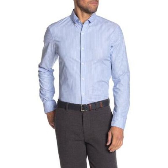 Michael Kors Mens Blue Striped Collared Button Down Dress Shirt Sz M New - Picture 1 of 9